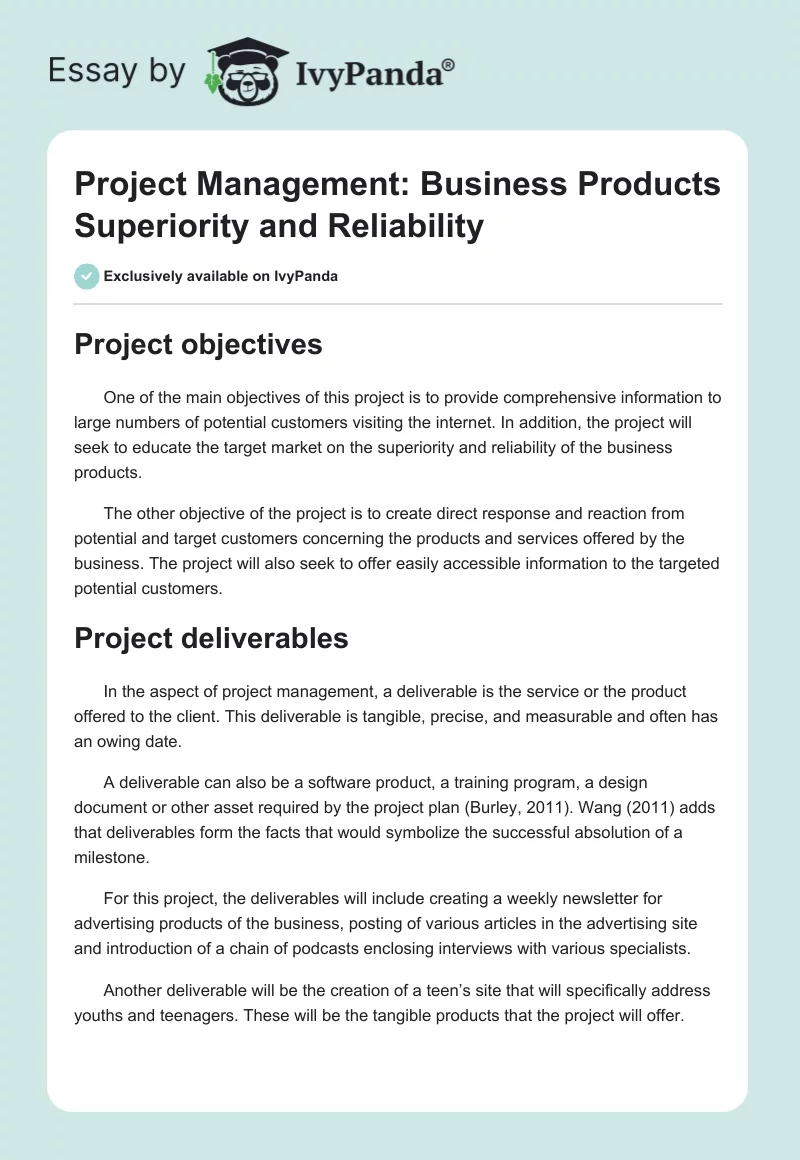 Project Management: Business Products Superiority and Reliability. Page 1