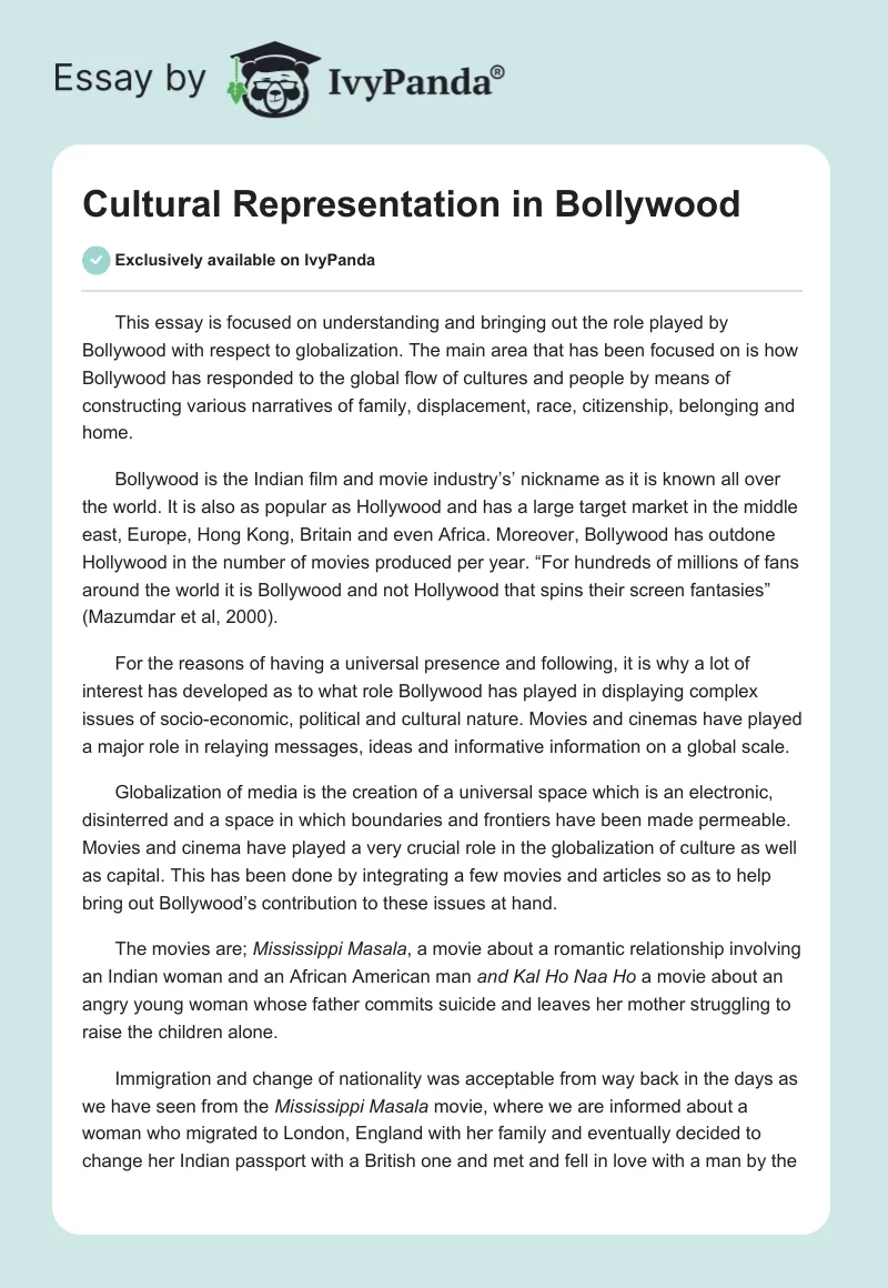 Cultural Representation in Bollywood. Page 1