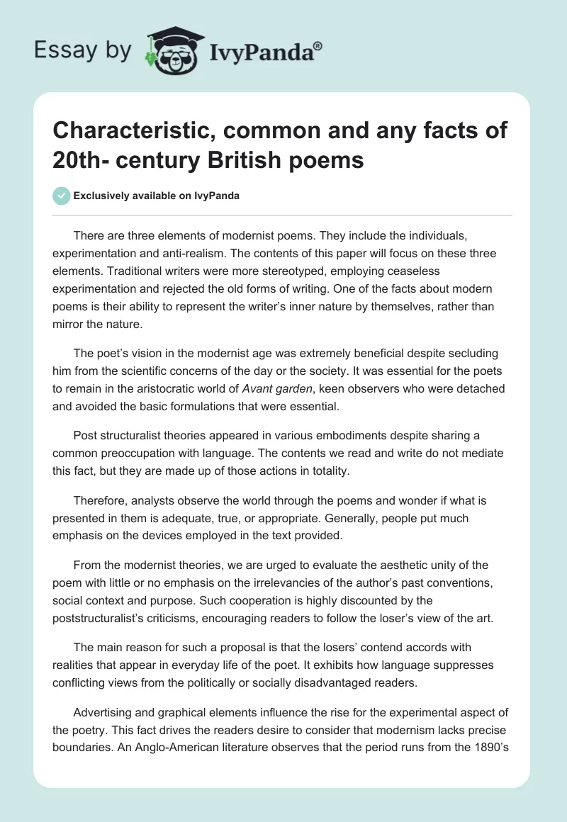 Characteristic, common and any facts of 20th- century British poems. Page 1