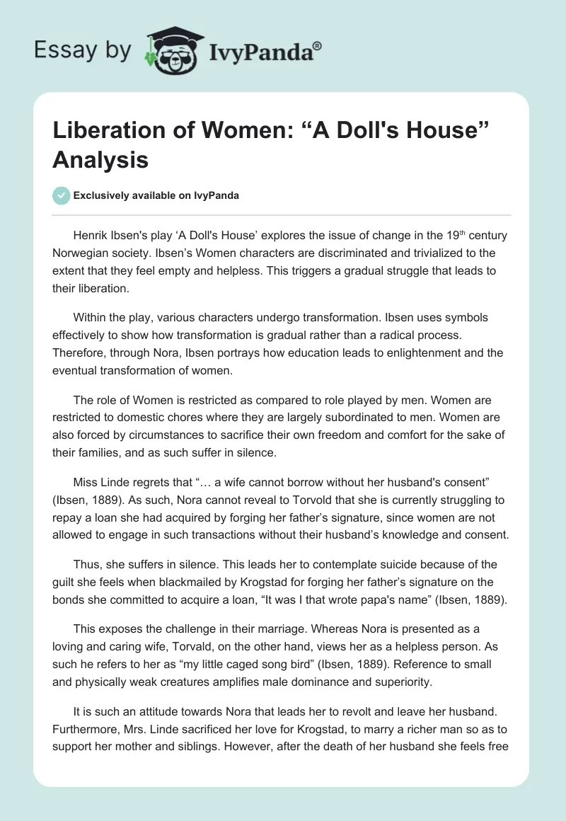Liberation of Women: “A Doll's House” Analysis. Page 1