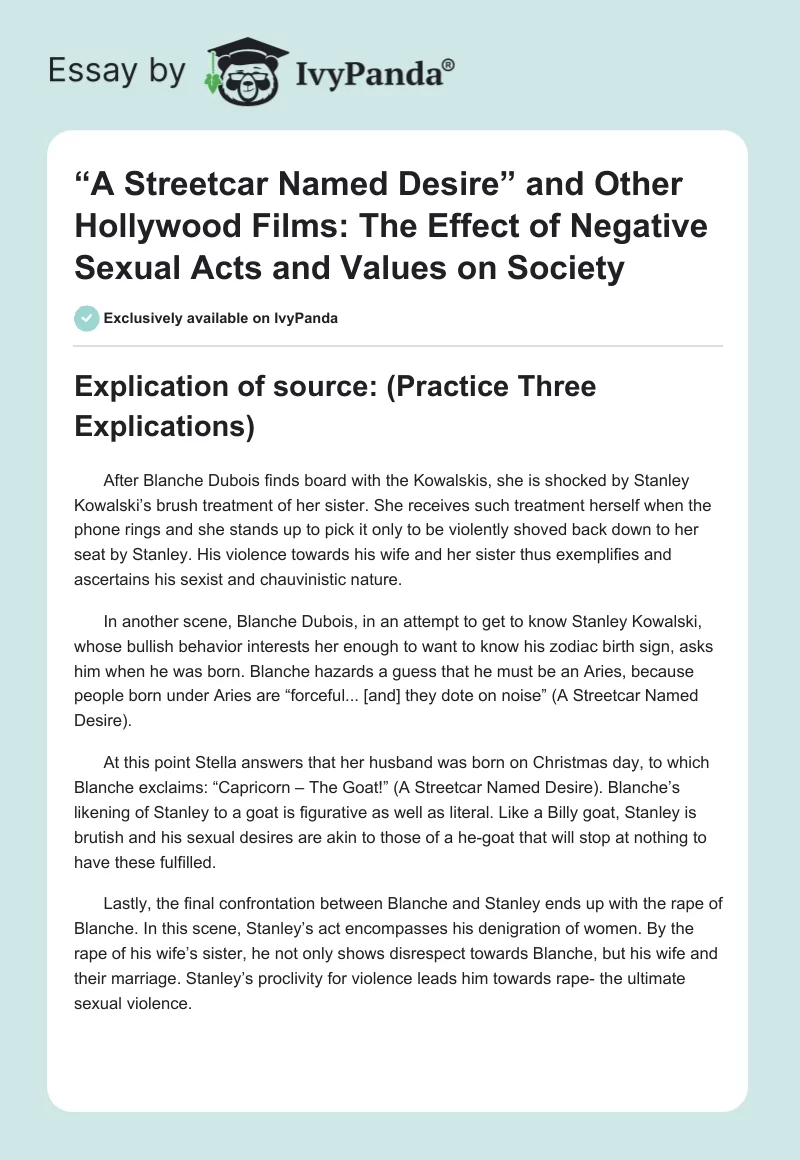 “A Streetcar Named Desire” and Other Hollywood Films: The Effect of Negative Sexual Acts and Values on Society. Page 1