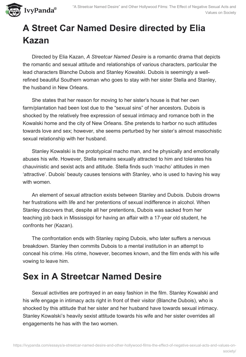 “A Streetcar Named Desire” and Other Hollywood Films: The Effect of Negative Sexual Acts and Values on Society. Page 3