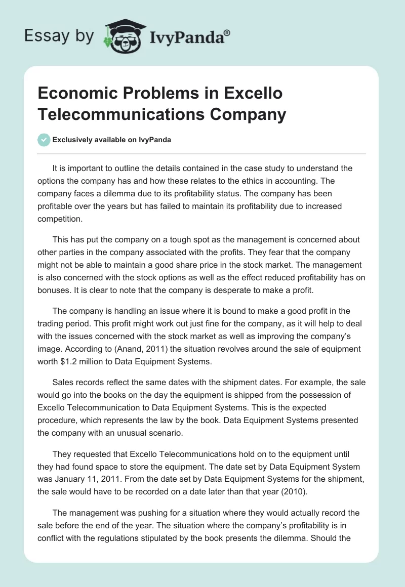 Economic Problems in Excello Telecommunications Company. Page 1