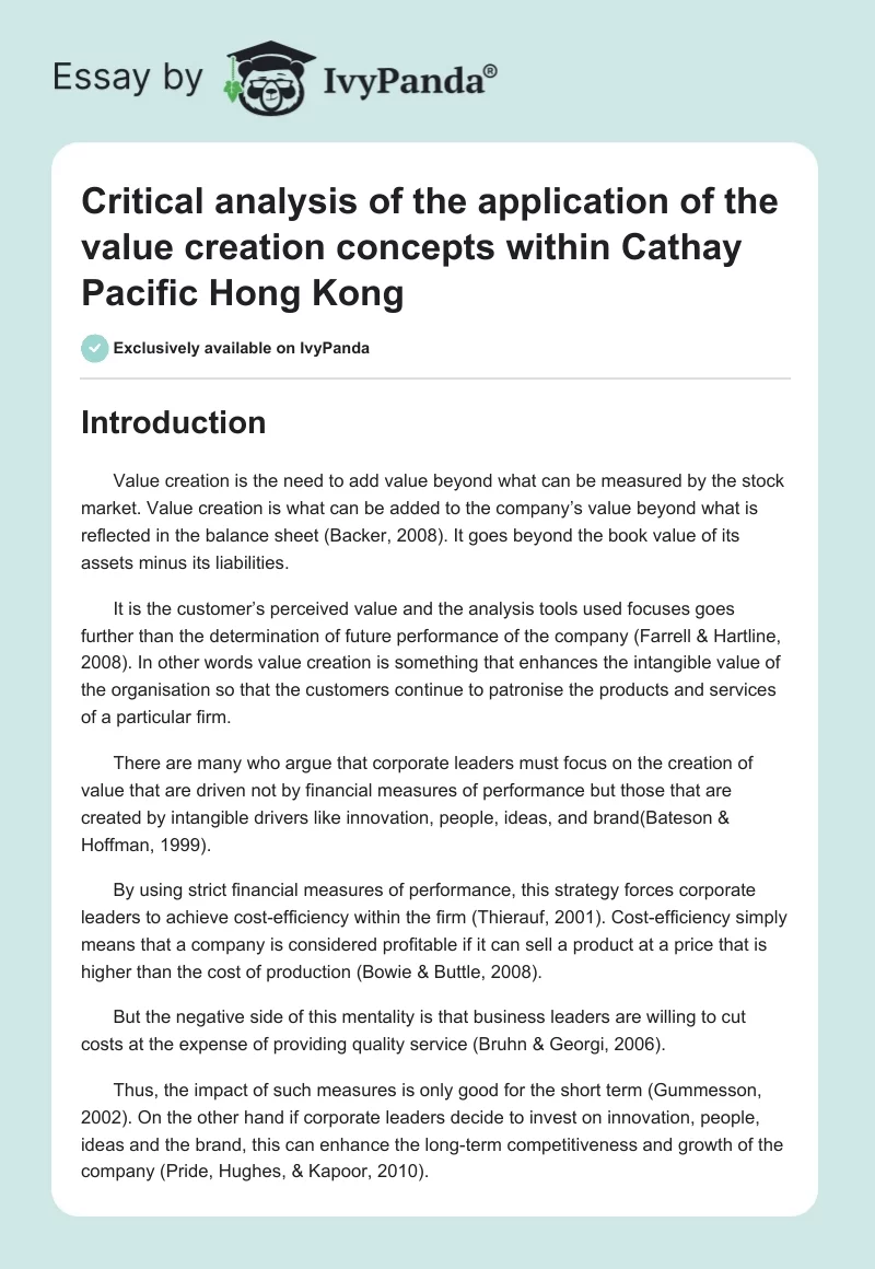 Critical analysis of the application of the value creation concepts within Cathay Pacific Hong Kong. Page 1