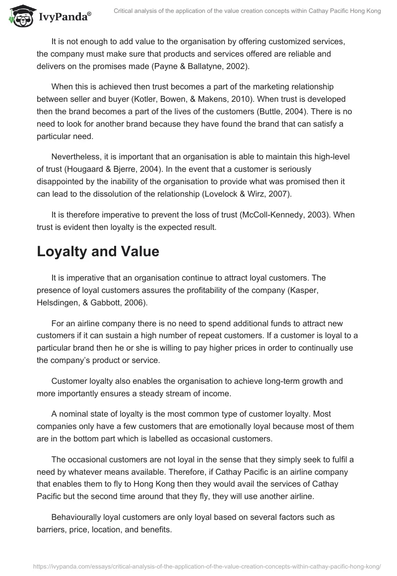 Critical analysis of the application of the value creation concepts within Cathay Pacific Hong Kong. Page 3