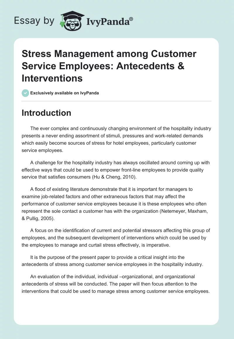 Stress Management among Customer Service Employees: Antecedents & Interventions. Page 1