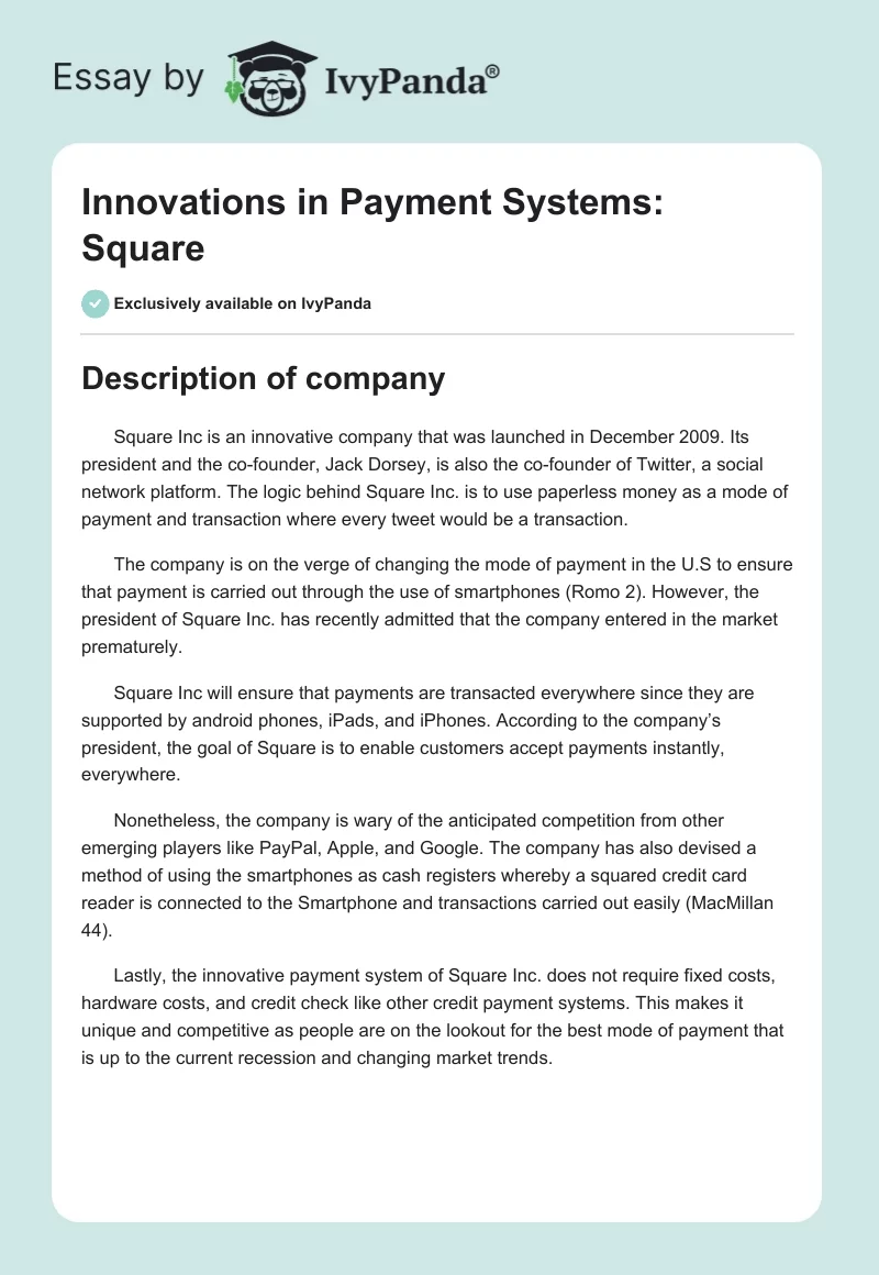 Innovations in Payment Systems: Square. Page 1