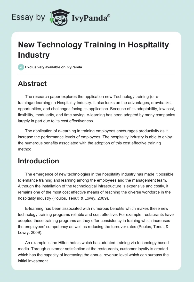 New Technology Training in Hospitality Industry. Page 1