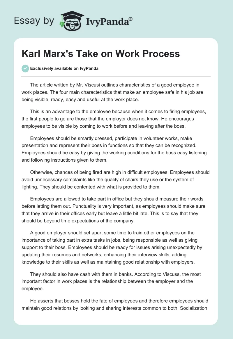 Karl Marx's Take on Work Process. Page 1