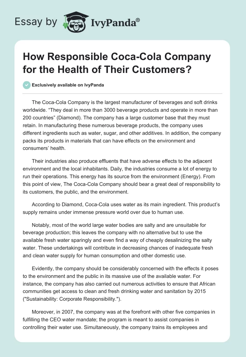 How Responsible Coca-Cola Company for the Health of Their Customers?. Page 1