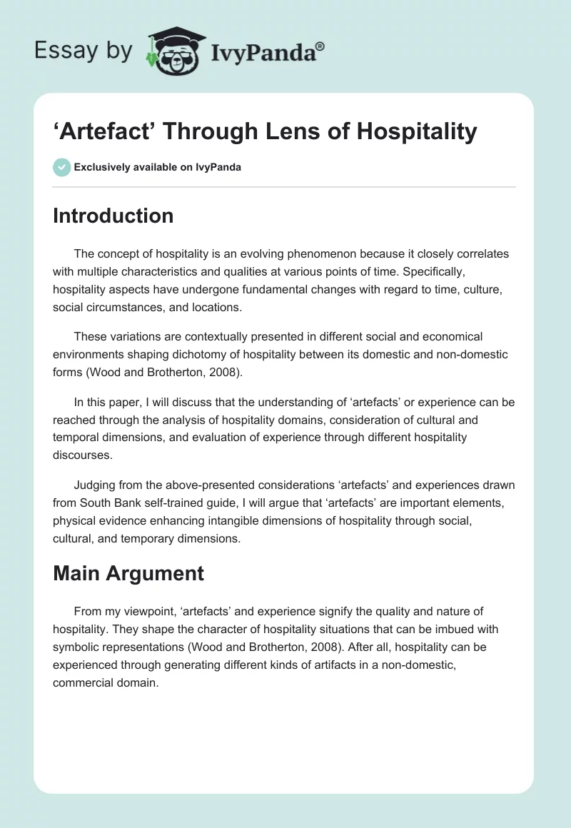 ‘Artefact’ Through Lens of Hospitality. Page 1