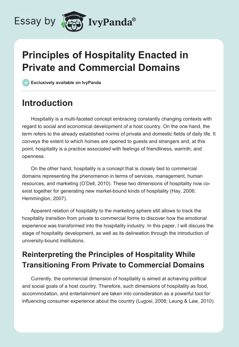 Principles of Hospitality Enacted in Private and Commercial Domains. Page 1
