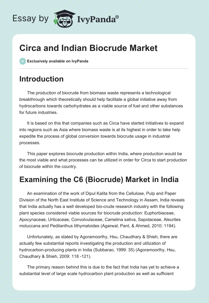 Circa and Indian Biocrude Market. Page 1