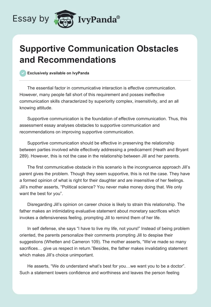 Supportive Communication Obstacles and Recommendations. Page 1