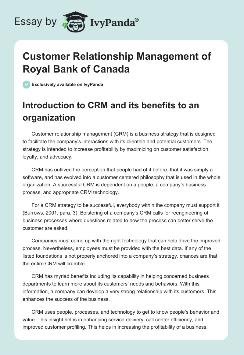 Customer Relationship Management of Royal Bank of Canada. Page 1
