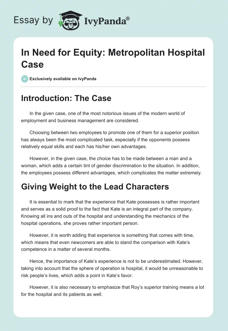 In Need for Equity: Metropolitan Hospital Case. Page 1