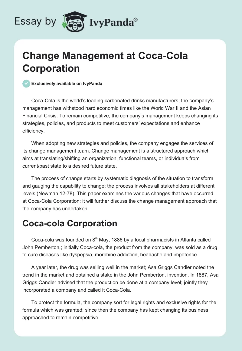 Change Management at Coca-Cola Corporation. Page 1