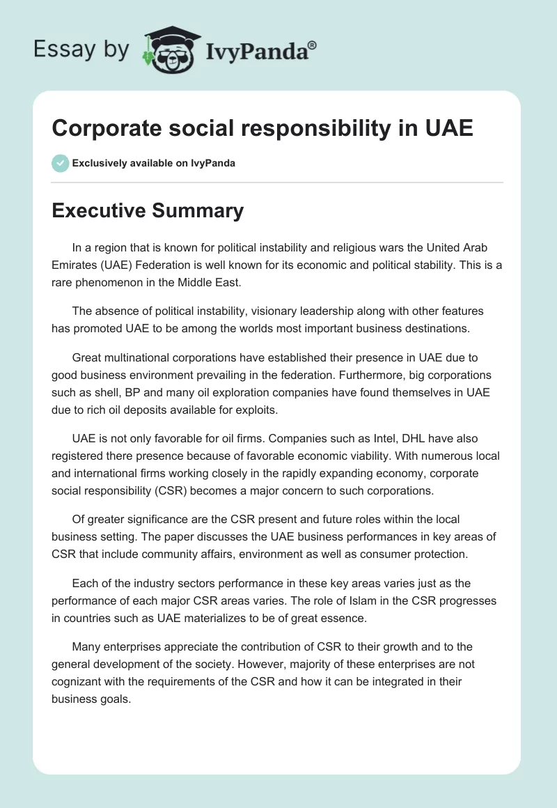 Corporate social responsibility in UAE. Page 1