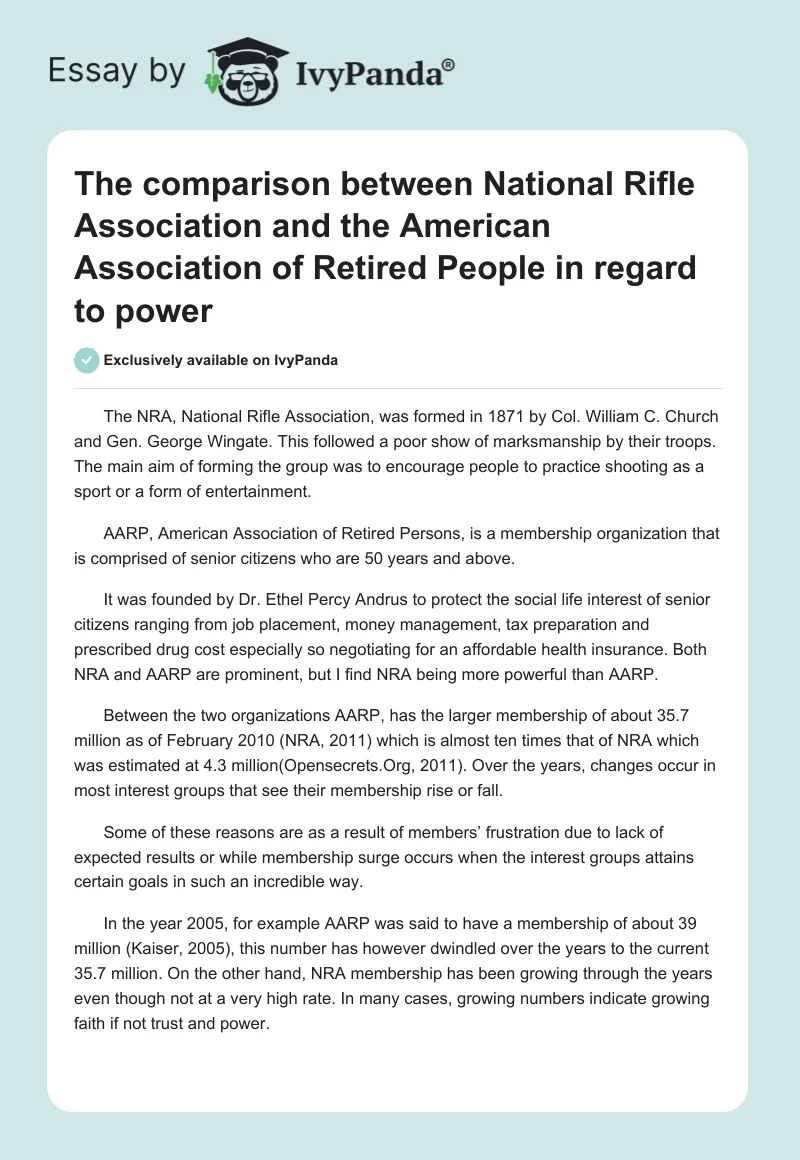 The comparison between National Rifle Association and the American Association of Retired People in regard to power. Page 1