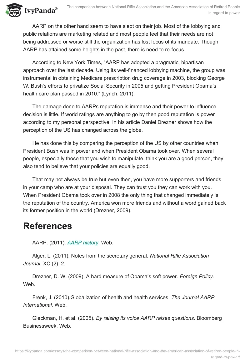 The comparison between National Rifle Association and the American Association of Retired People in regard to power. Page 4