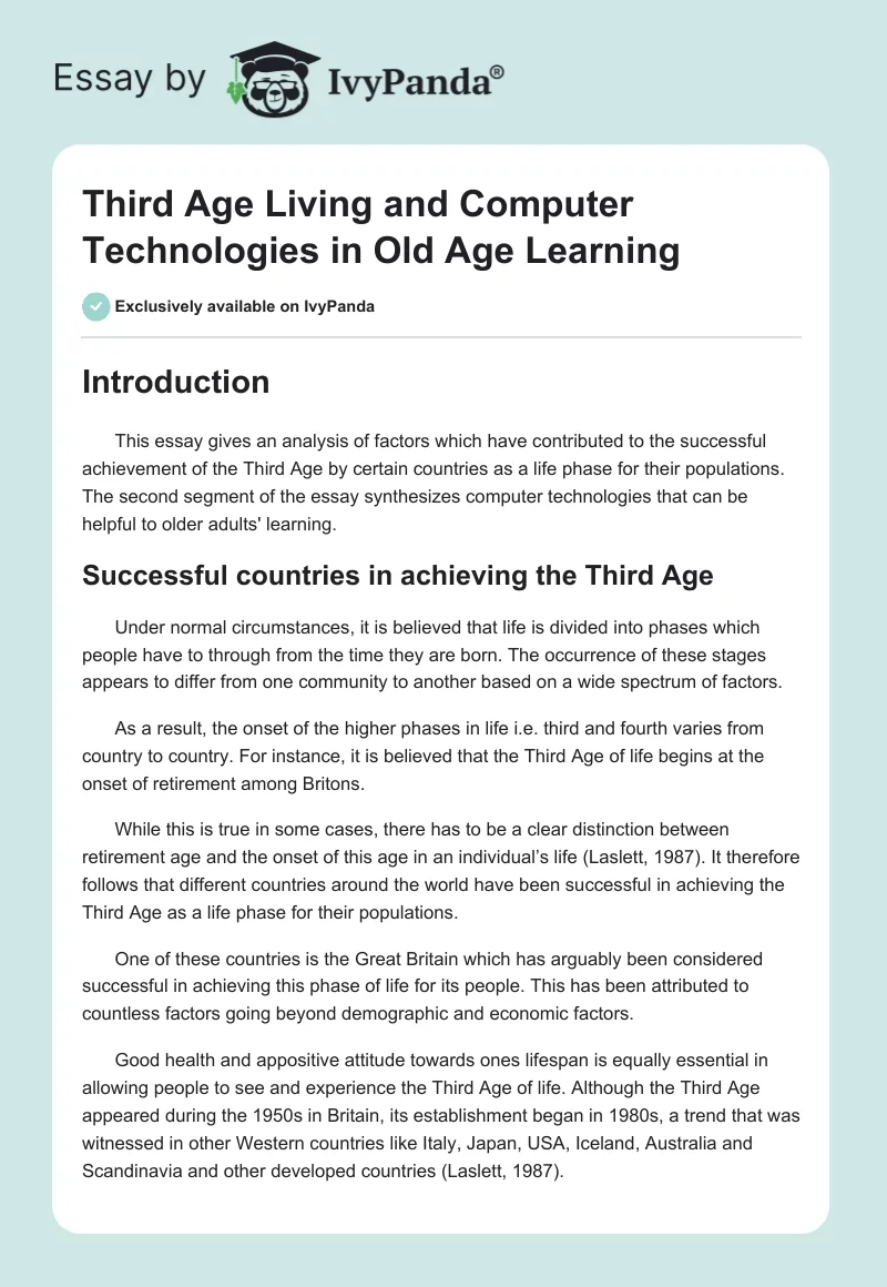 Third Age Living and Computer Technologies in Old Age Learning. Page 1