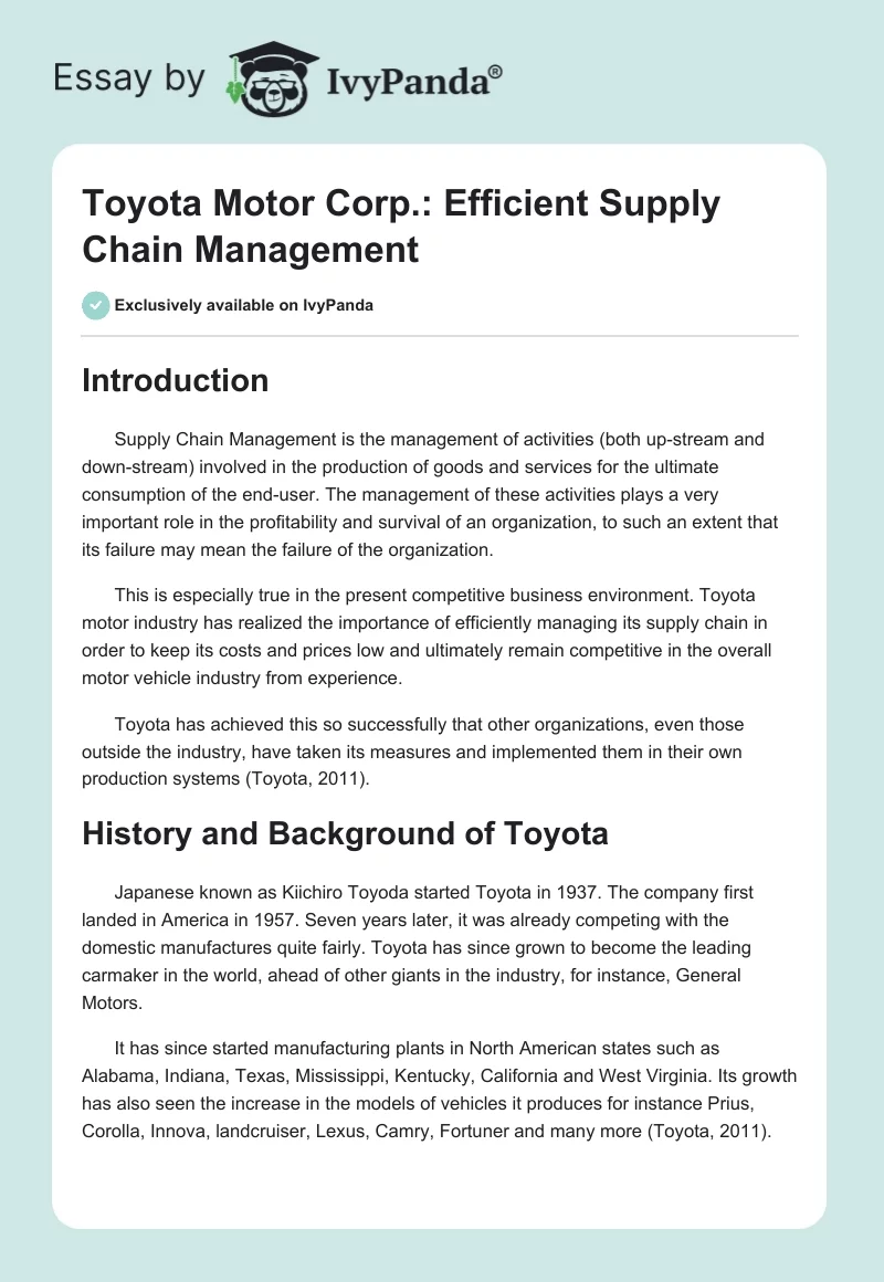 Toyota Motor Corp.: Efficient Supply Chain Management. Page 1