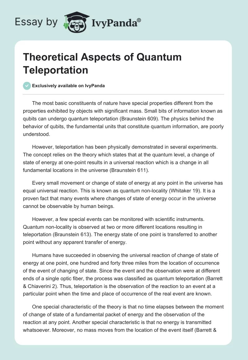 Theoretical Aspects of Quantum Teleportation. Page 1