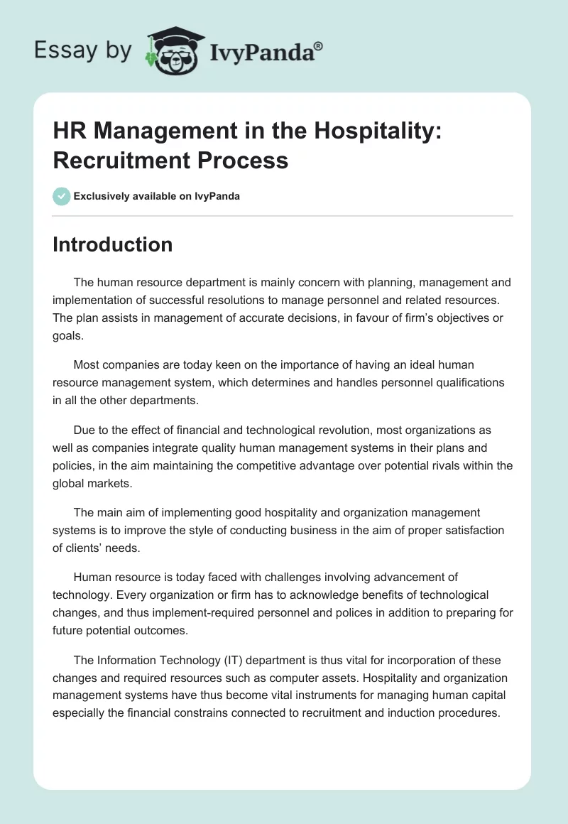 HR Management in the Hospitality: Recruitment Process. Page 1