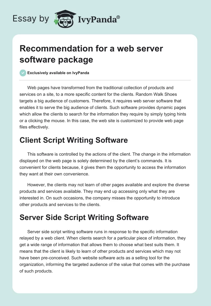 Recommendation for a web server software package. Page 1
