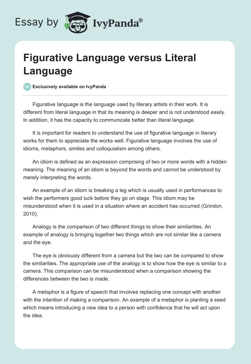 Figurative Language versus Literal Language. Page 1