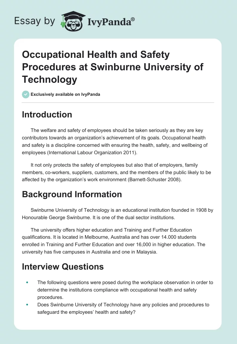 Occupational Health and Safety Procedures at Swinburne University of Technology. Page 1