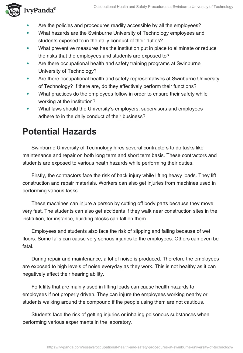 Occupational Health and Safety Procedures at Swinburne University of Technology. Page 2