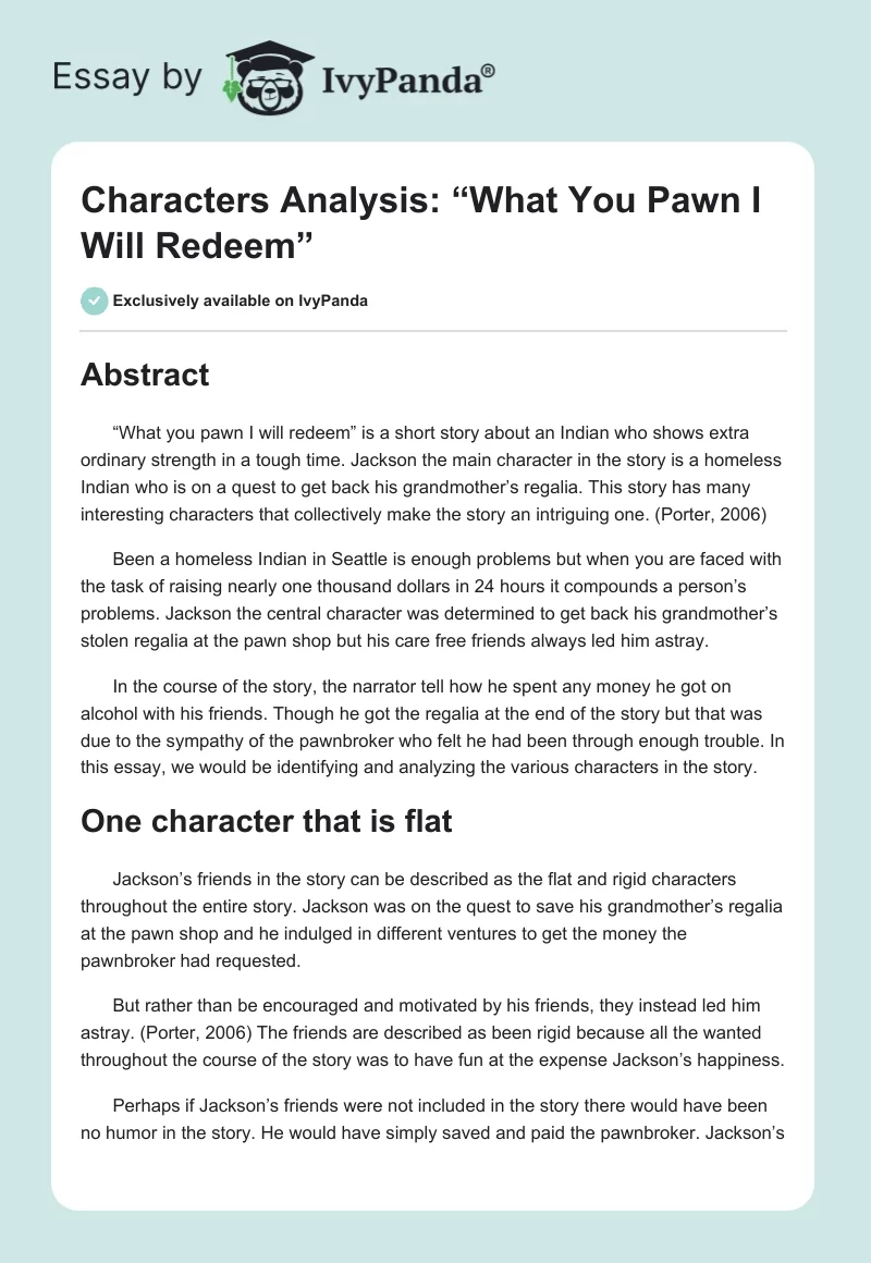 Characters Analysis: “What You Pawn I Will Redeem”. Page 1