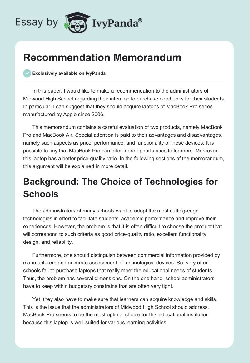 Recommendation Memorandum. Page 1