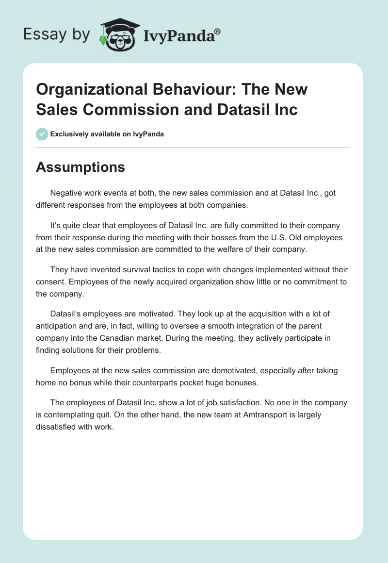 Organizational Behaviour: The New Sales Commission and Datasil Inc. Page 1