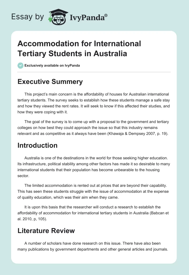 Accommodation for International Tertiary Students in Australia. Page 1