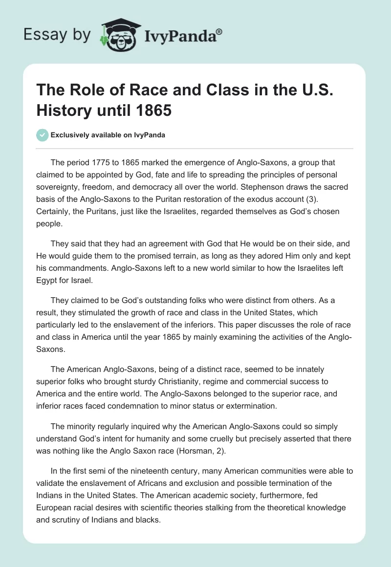 The Role of Race and Class in the U.S. History until 1865. Page 1