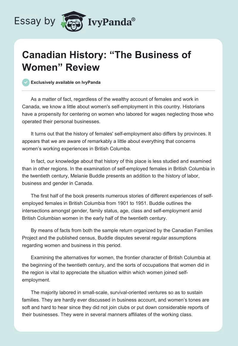 Canadian History: “The Business of Women” Review. Page 1