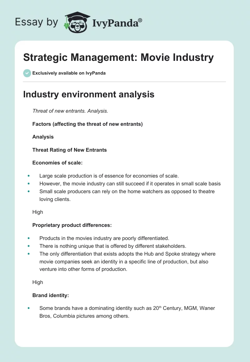 Strategic Management: Movie Industry. Page 1