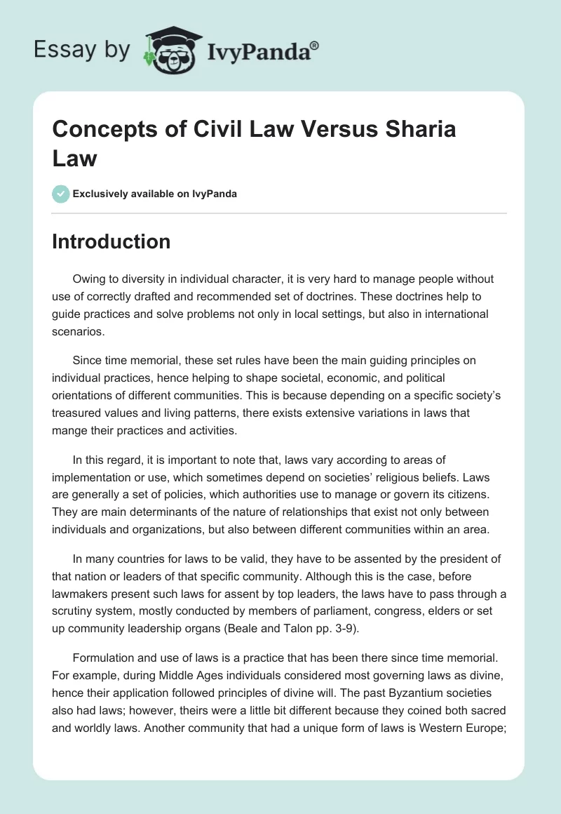 Concepts of Civil Law Versus Sharia Law. Page 1
