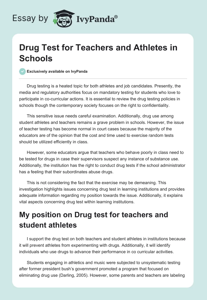 Drug Test for Teachers and Athletes in Schools. Page 1