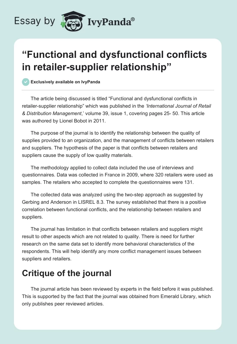 “Functional and Dysfunctional Conflicts in Retailer-Supplier Relationship”. Page 1