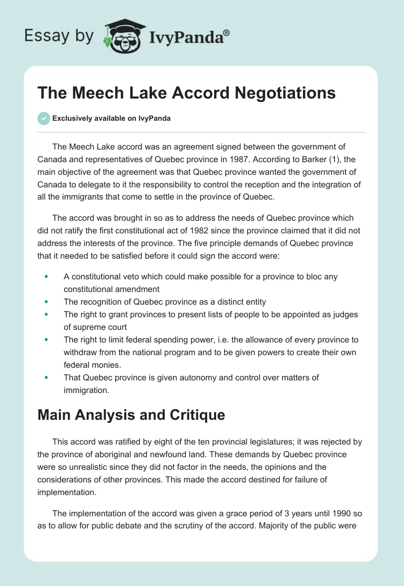 The Meech Lake Accord Negotiations. Page 1