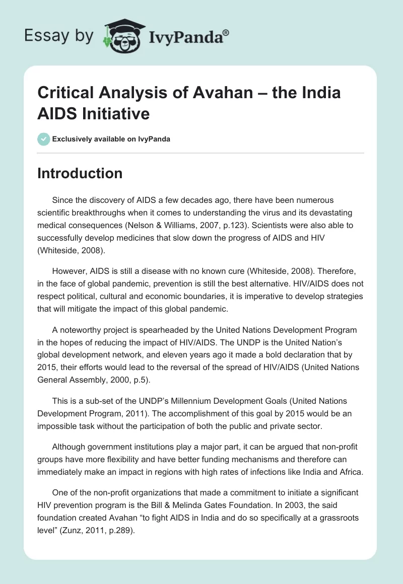 Critical Analysis of Avahan – the India AIDS Initiative. Page 1