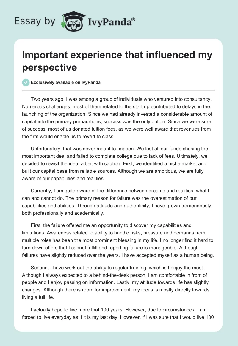 Important experience that influenced my perspective. Page 1