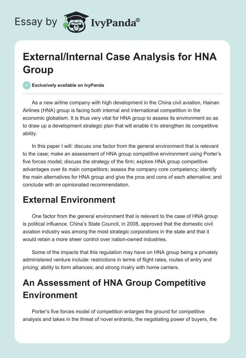 External/Internal Case Analysis for HNA Group. Page 1