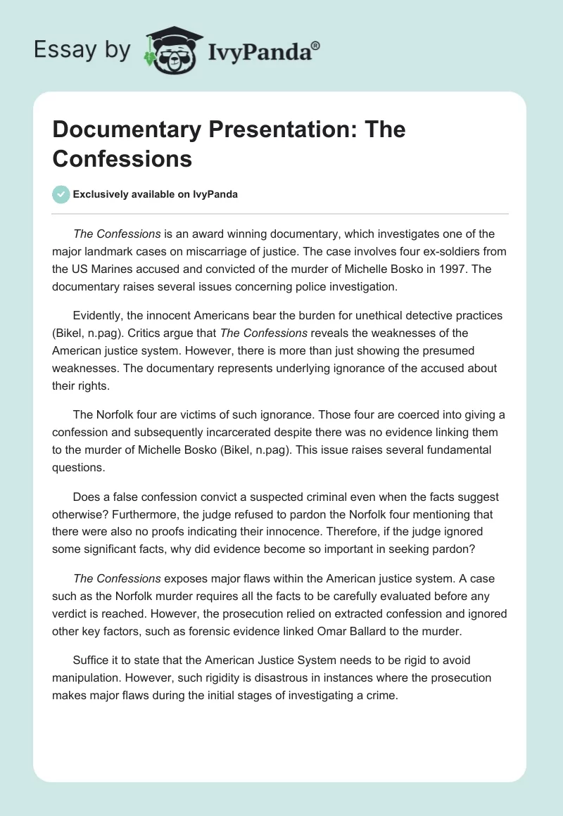 Documentary Presentation: The Confessions. Page 1