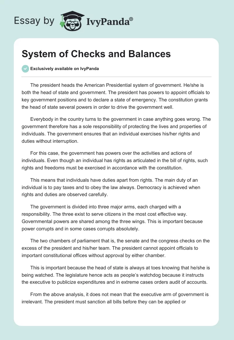 System of Checks and Balances. Page 1
