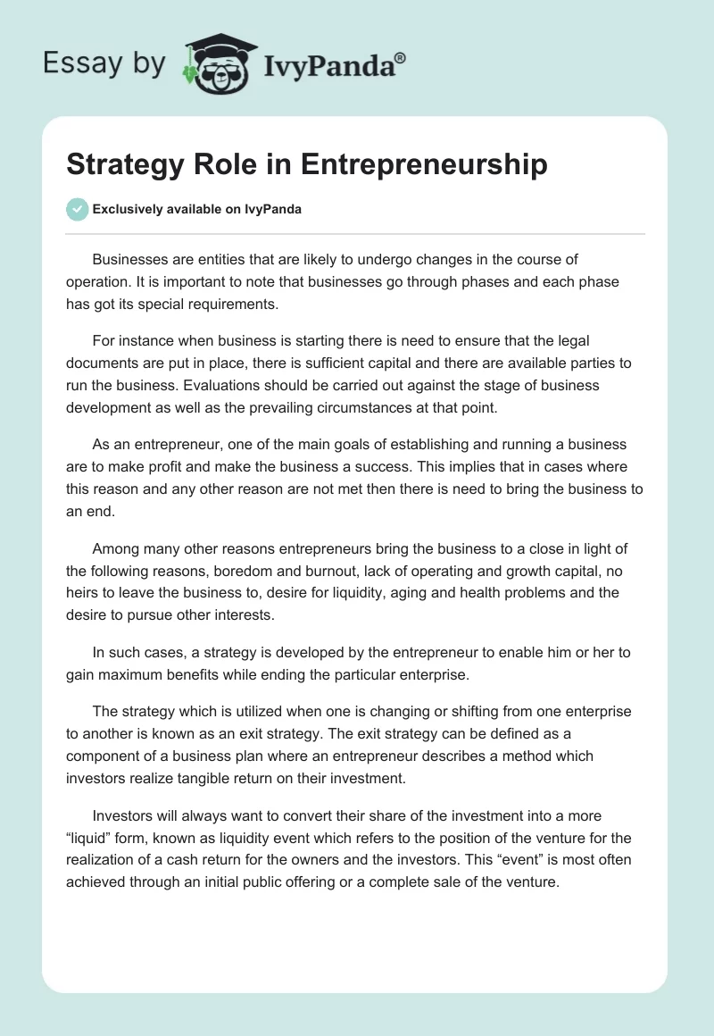 Strategy Role in Entrepreneurship. Page 1