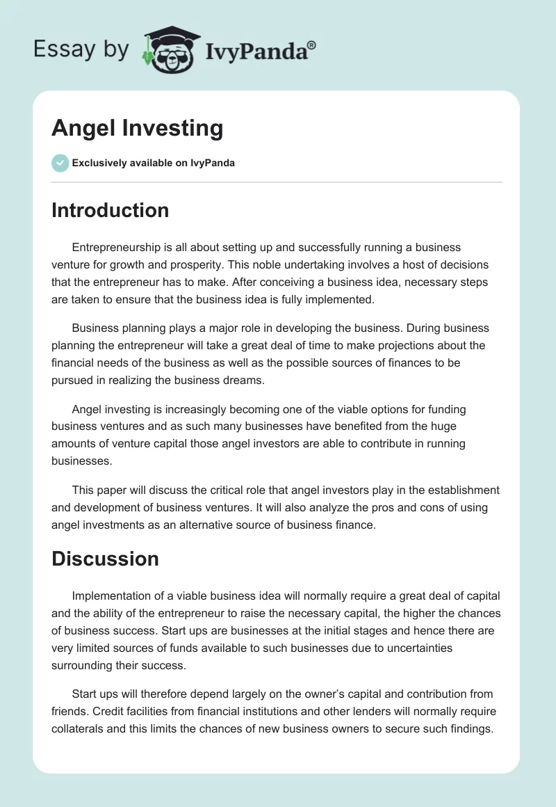Angel Investing. Page 1